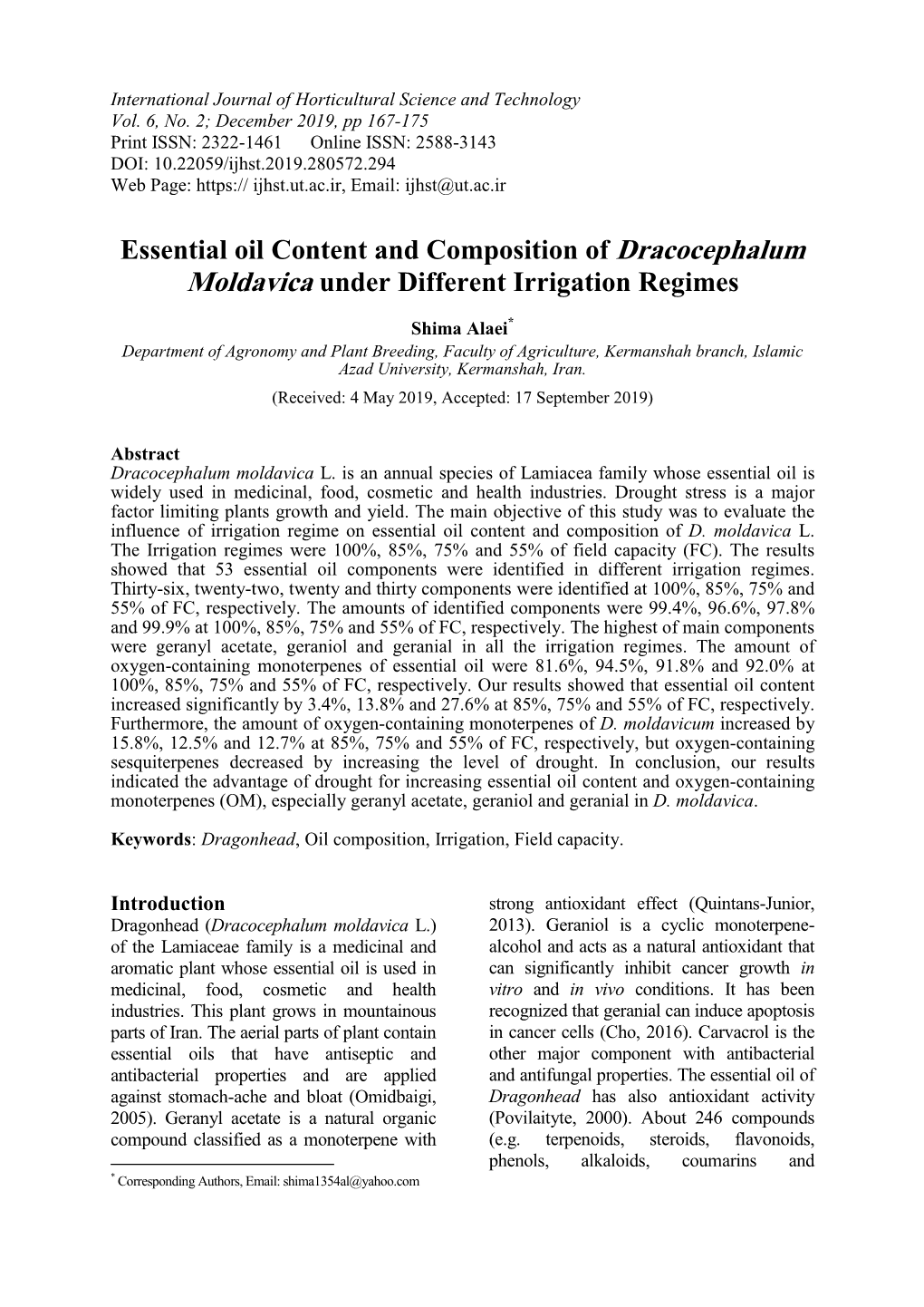Essential Oil Content and Composition of Dracocephalum Moldavica Under Different Irrigation Regimes