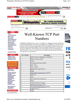 Well-Known TCP Port Numbers Page 1 of 2