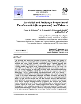 Larvicidal and Antifungal Properties of Picralima Nitida (Apocynaceae) Leaf Extracts