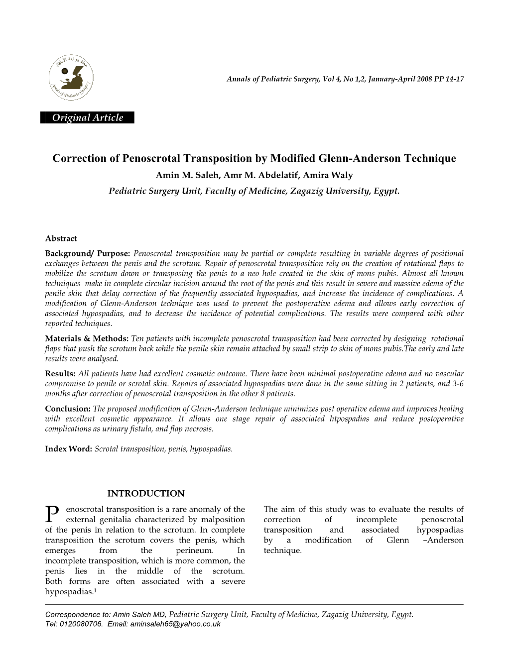 Correction of Penoscrotal Transposition by Modified Glenn-Anderson Technique Amin M