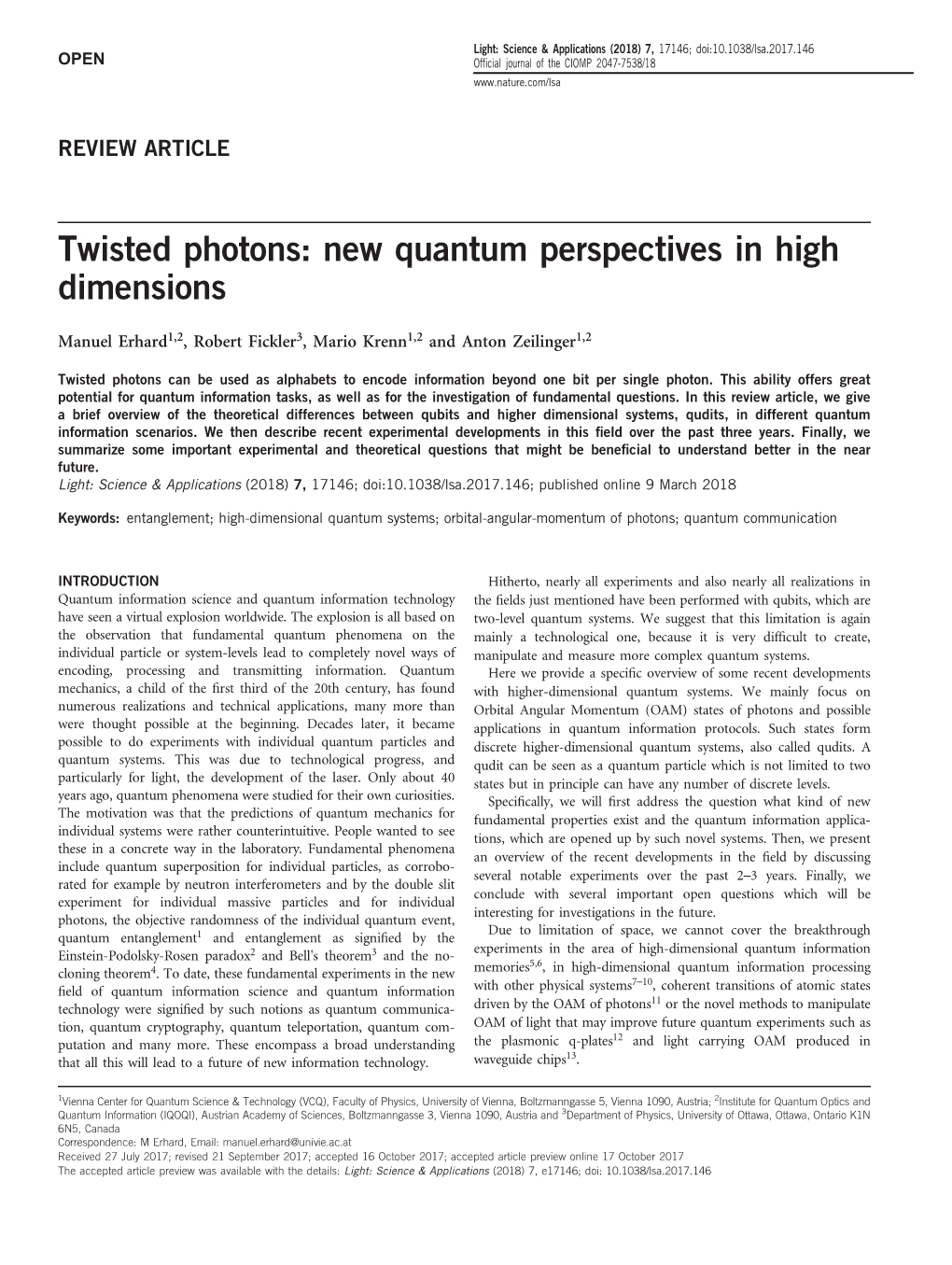 Twisted Photons: New Quantum Perspectives in High Dimensions