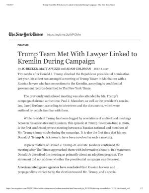 Trump Team Met with Lawyer Linked to Kremlin During Campaign - the New York Times