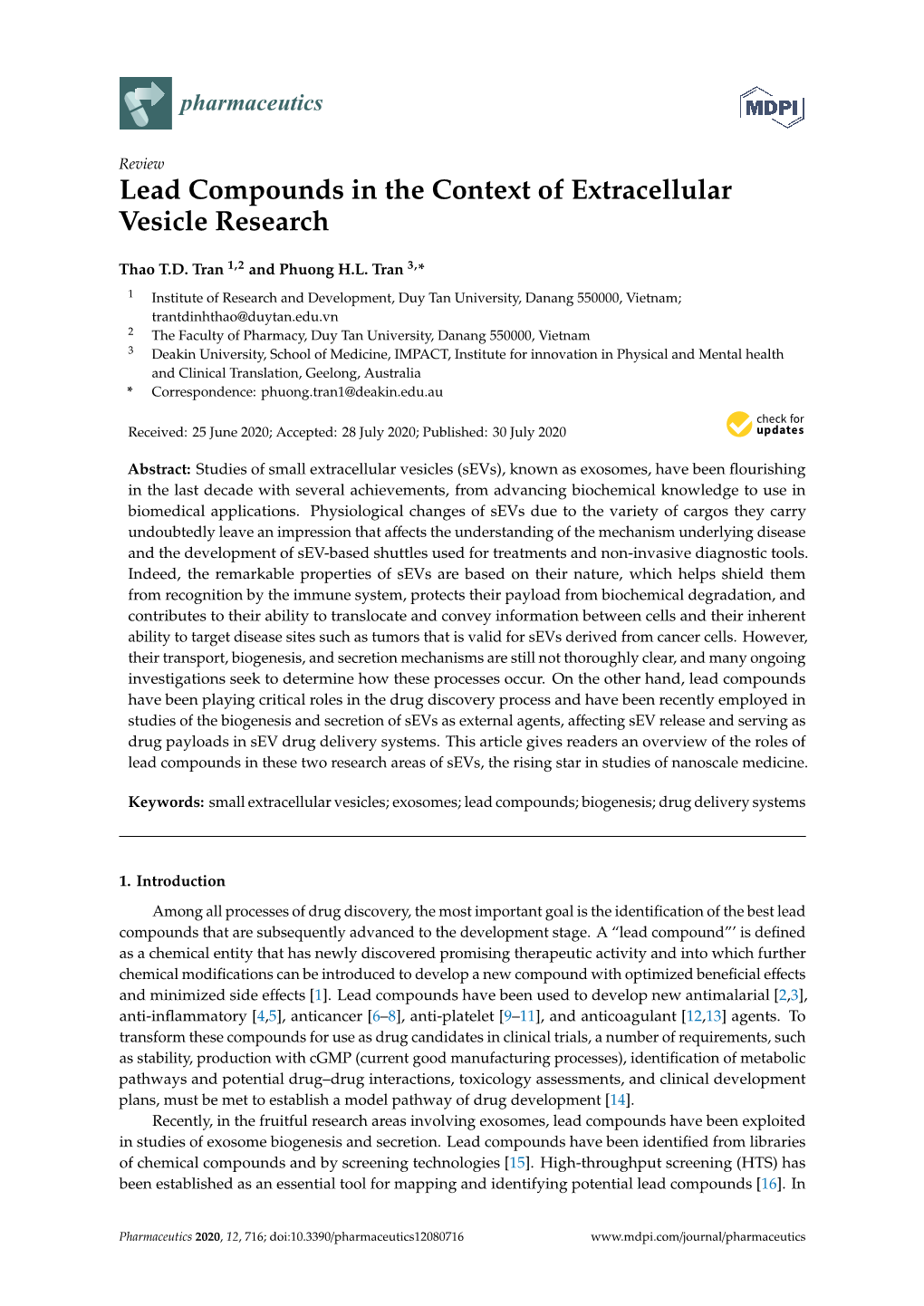 Lead Compounds in the Context of Extracellular Vesicle Research