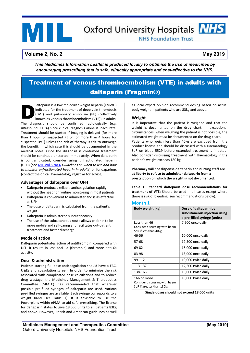 VTE) in Adults with Dalteparin (Fragmin®