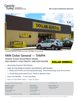 NNN Dollar General — TAMPA TENANT IS NOW INVESTMENT GRADE HIGH DENSITY, HIGH TRAFFIC, and HIGH INCOME