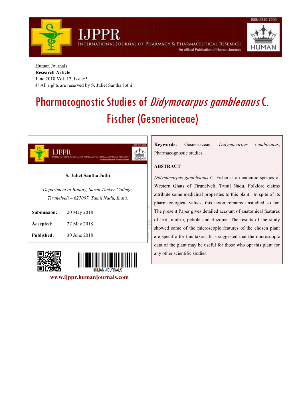 Pharmacognostic Studies of Didymocarpus Gambleanusc. Fischer