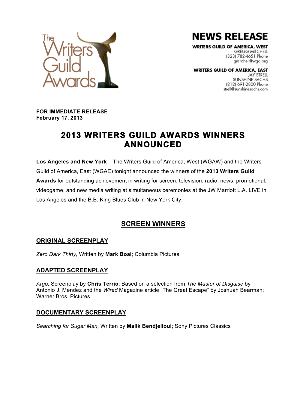 2013 Writers Guild Awards Winners Announced