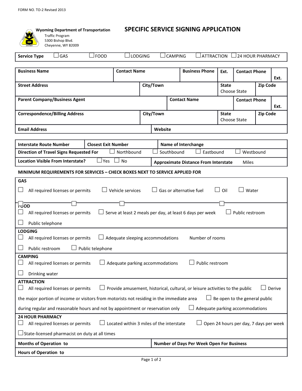 Wyoming Department of Transportation SPECIFIC SERVICE SIGNING APPLICATION