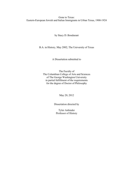 Gone to Texas: Eastern-European Jewish and Italian Immigrants in Urban Texas, 1900-1924