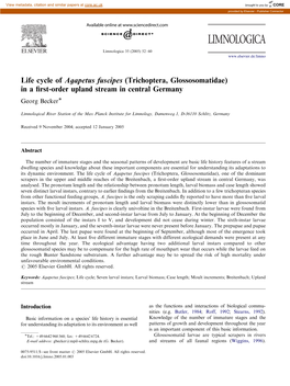 Life Cycle of Agapetus Fuscipes (Trichoptera, Glossosomatidae) in a ﬁrst-Order Upland Stream in Central Germany Georg Beckerã