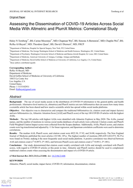 Assessing the Dissemination of COVID-19 Articles Across Social Media with Altmetric and Plumx Metrics: Correlational Study