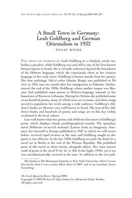 A Small Town in Germany: Leah Goldberg and German Orientalism in 1932 YFAAT WEISS