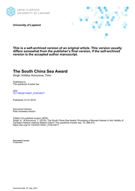 The South China Sea Award Singh, Krittika; Koivurova, Timo