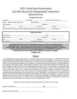 Kung Fu) Championship Tournament Registration Form