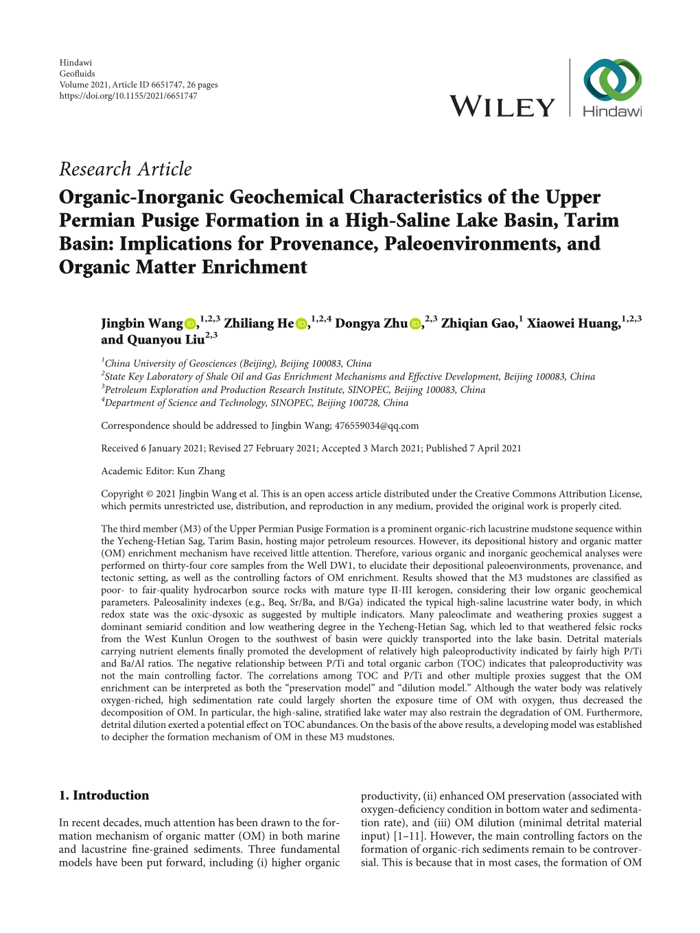 Organic-Inorganic Geochemical Characteristics of the Upper