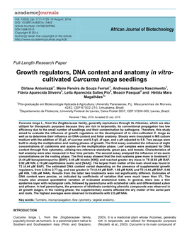 Growth Regulators, DNA Content and Anatomy in Vitro- Cultivated Curcuma Longa Seedlings