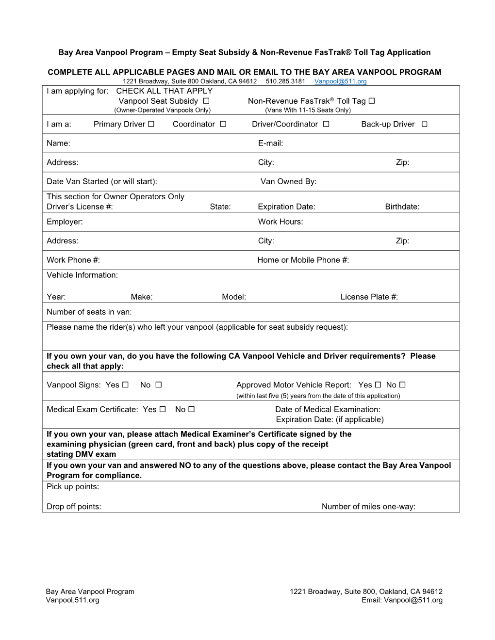 Empty Seat Subsidy & Non-Revenue Fastrak® Toll Tag Application