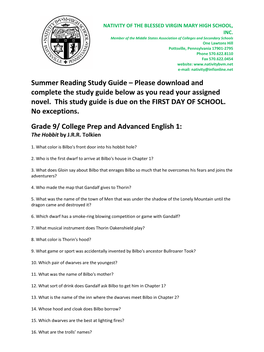 Summer Reading Study Guide – Please Download and Complete the Study Guide Below As You Read Your Assigned Novel