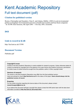 Local Environmental Politics in England: Environmental Activism in South East London and East Kent Compared