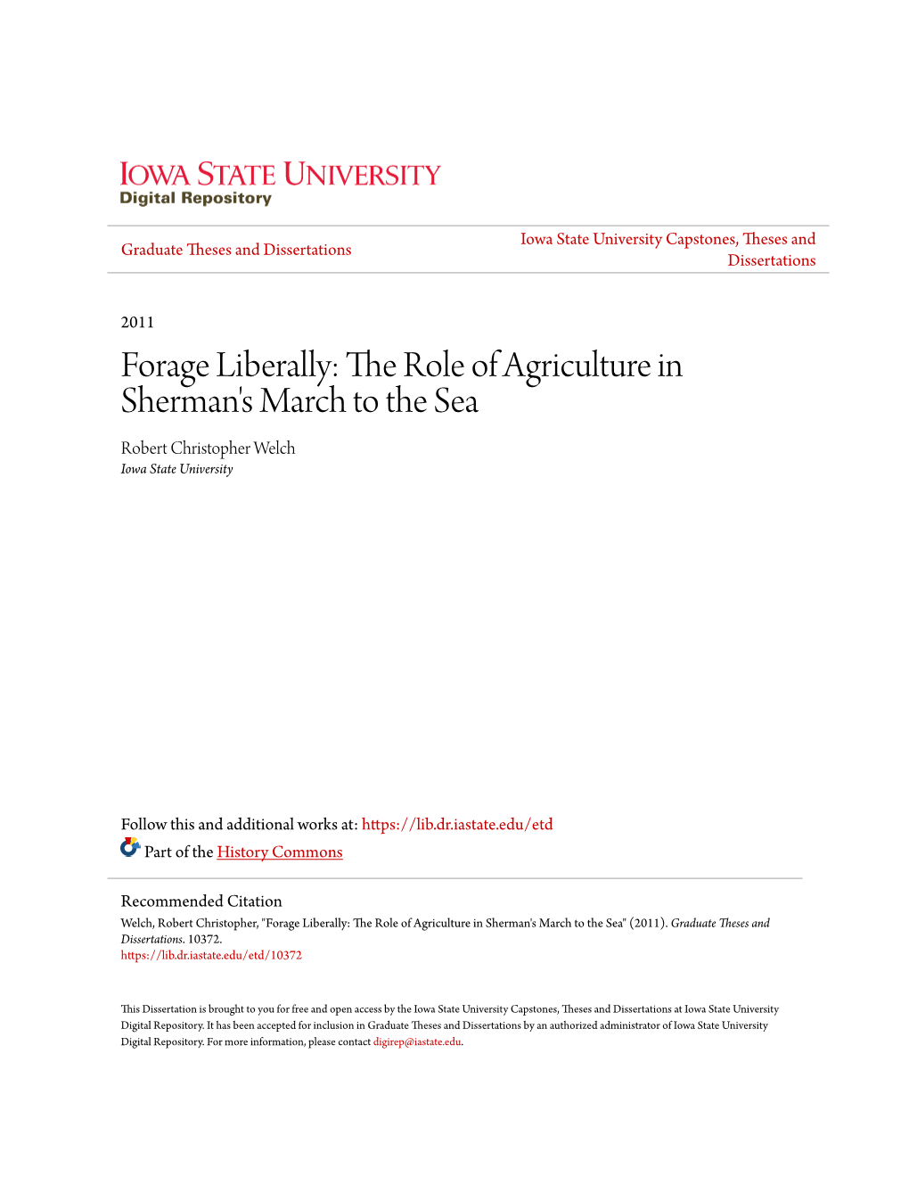 Forage Liberally: the Role of Agriculture in Sherman's March to the Sea Robert Christopher Welch Iowa State University