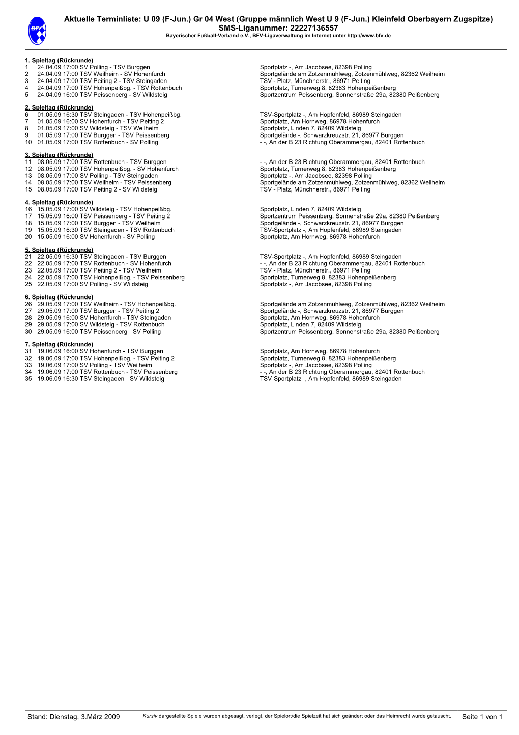 Aktuelle Terminliste: U 09 (F-Jun.) Gr 04 West (Gruppe