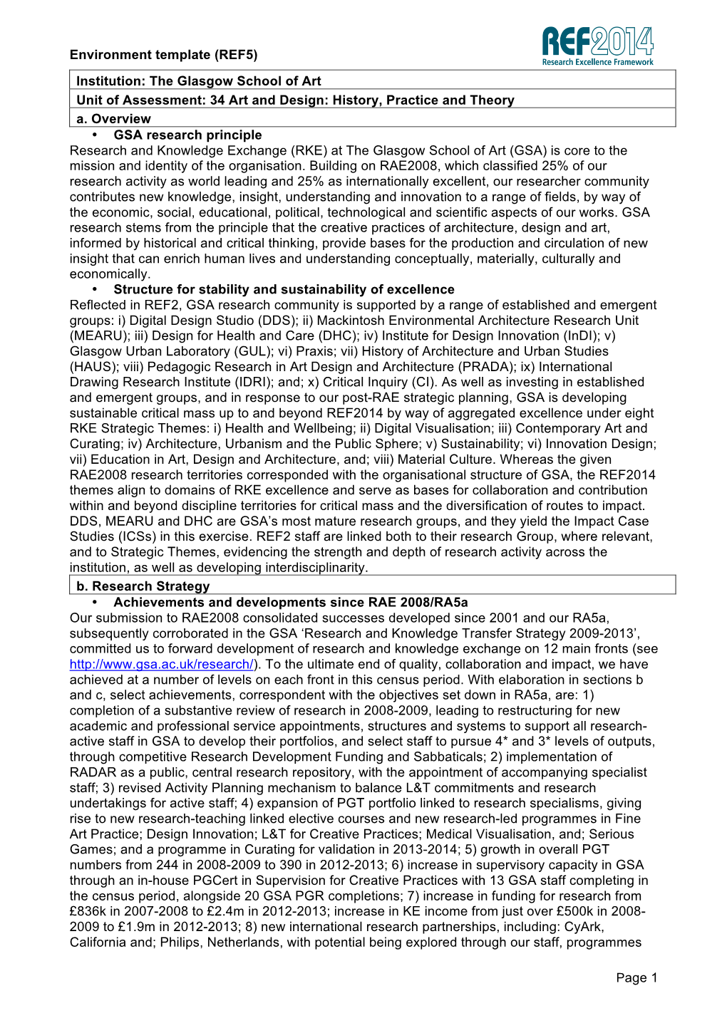 Environment Template (REF5) Page 1 Institution: the Glasgow School of Art Unit of Assessment