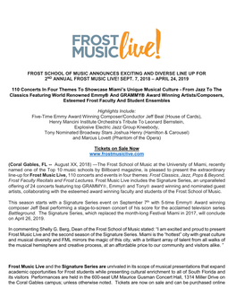 Frost School of Music Announces Exciting and Diverse Line up for 2Nd Annual Frost Music Live! Sept