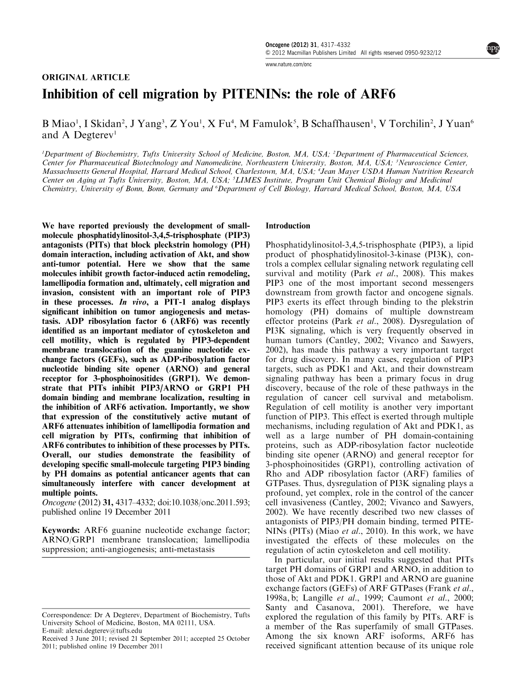 Inhibition of Cell Migration by Pitenins: the Role of ARF6