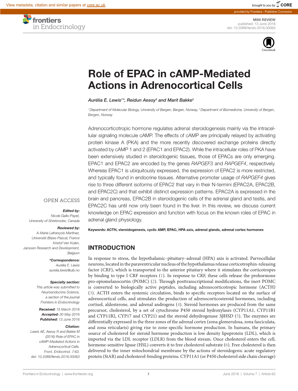 Role of Epac in Camp-Mediated Actions in Adrenocortical Cells