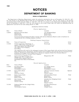 NOTICES DEPARTMENT of BANKING Action on Applications