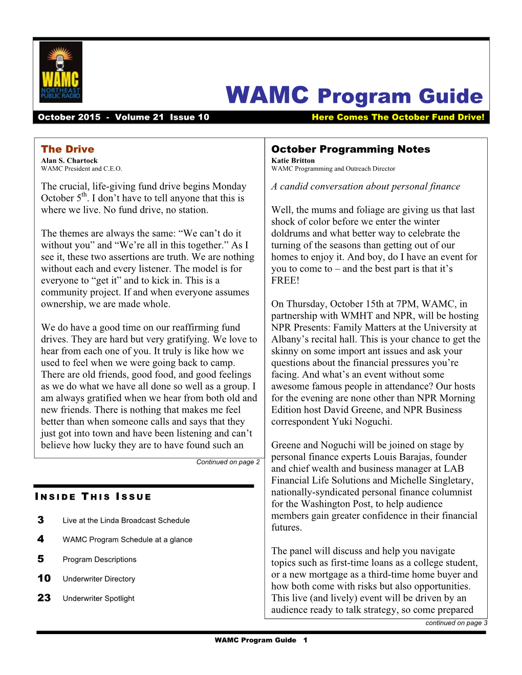 WAMC Program Guide October 2015 - Volume 21 Issue 10 Here Comes the October Fund Drive!