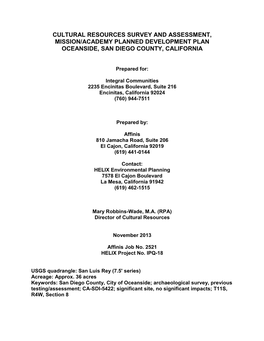 Cultural Resources Survey and Assessment, Mission/Academy Planned Development Plan Oceanside, San Diego County, California