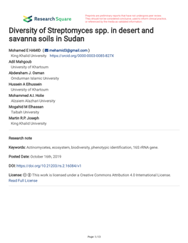 Diversity of Streptomyces Spp. in Desert and Savanna Soils in Sudan