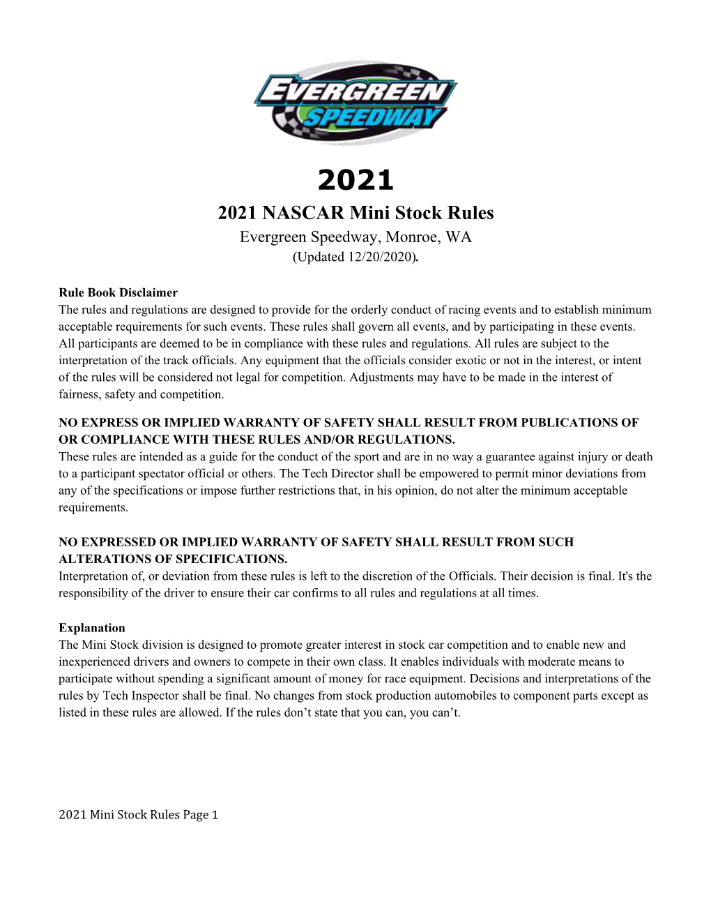 2021 NASCAR Mini Stock Rules Evergreen Speedway, Monroe, WA (Updated 12/20/2020)