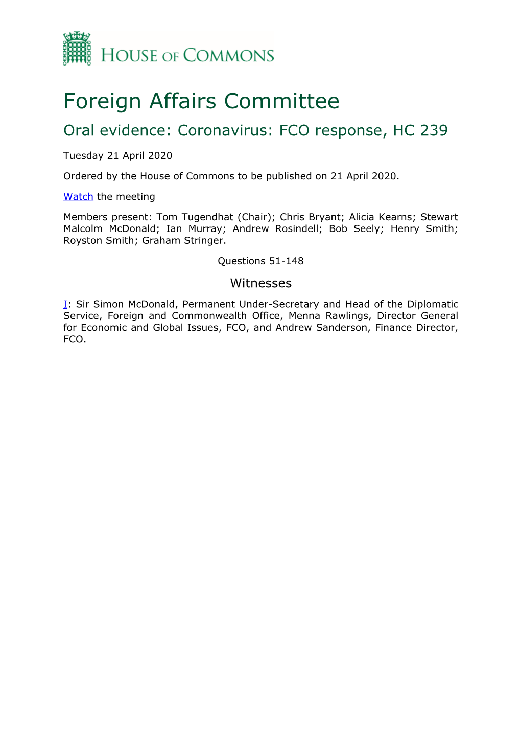 Foreign Affairs Committee Oral Evidence: Coronavirus: FCO Response, HC 239