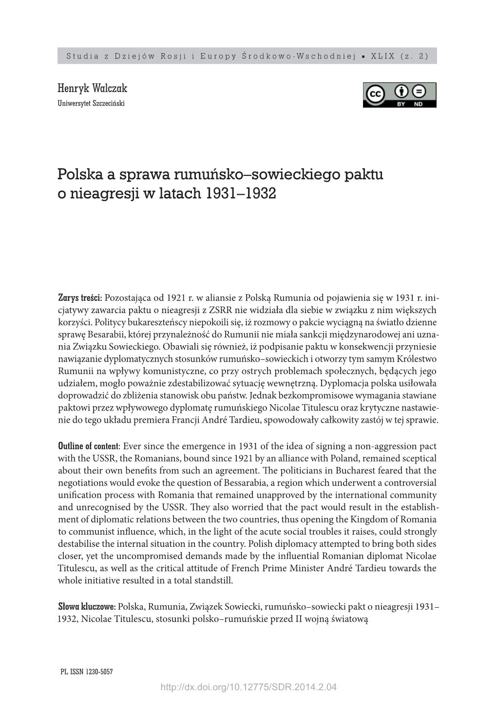 Polska a Sprawa Rumuńsko–Sowieckiego Paktu O Nieagresji W Latach 1931–1932