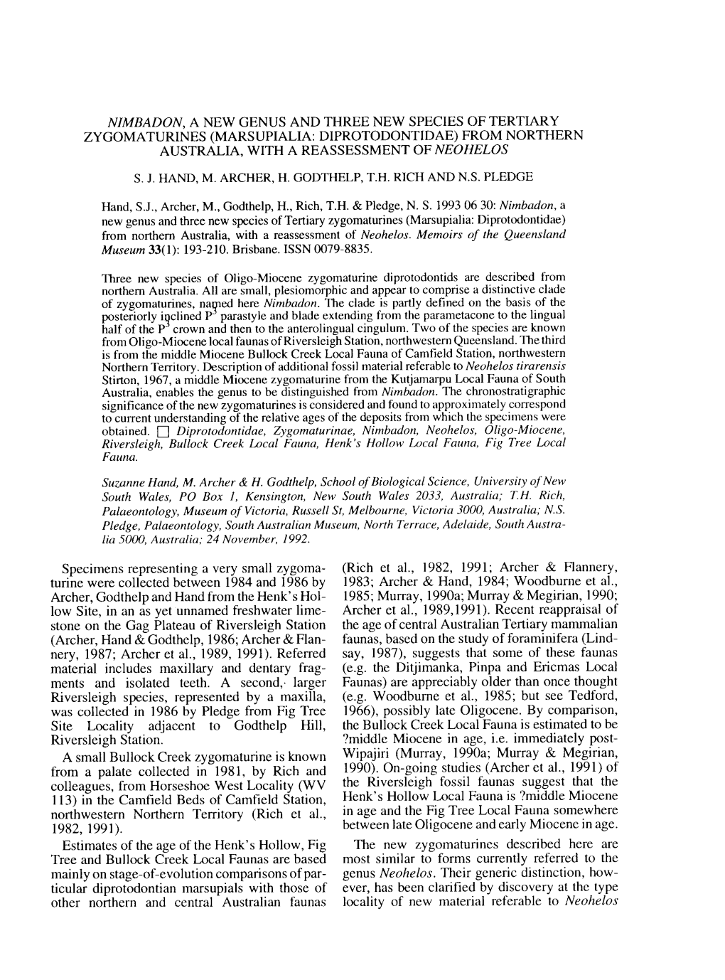 Nimbadon, a New Genus and Three New Species Oftertiary Zygomaturines (Marsupialia: Diprotodontidae) from Northern Australia, with a Reassessment of Neohelos