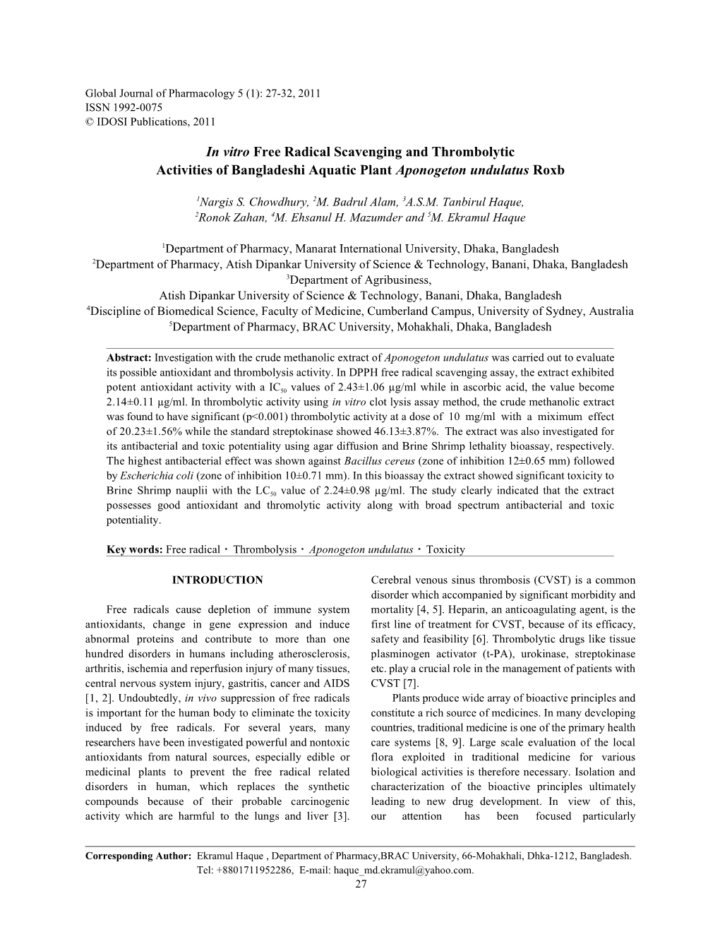 In Vitro Free Radical Scavenging and Thrombolytic Activities of Bangladeshi Aquatic Plant Aponogeton Undulatus Roxb