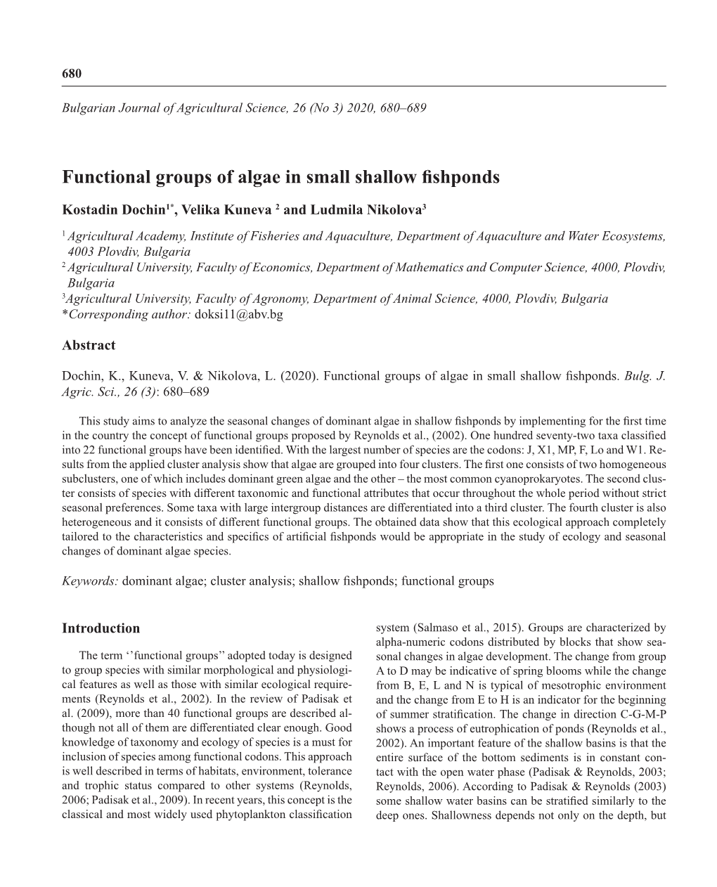 Functional Groups of Algae in Small Shallow Fishponds