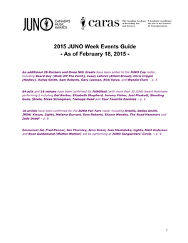 2015 JUNO Week Events Guide - As of February 18, 2015