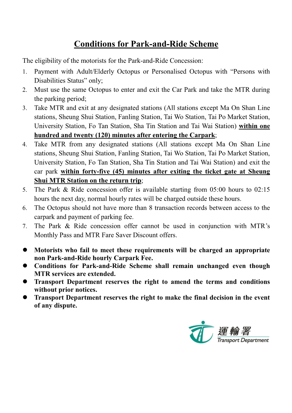 Conditions for Park-And-Ride Scheme