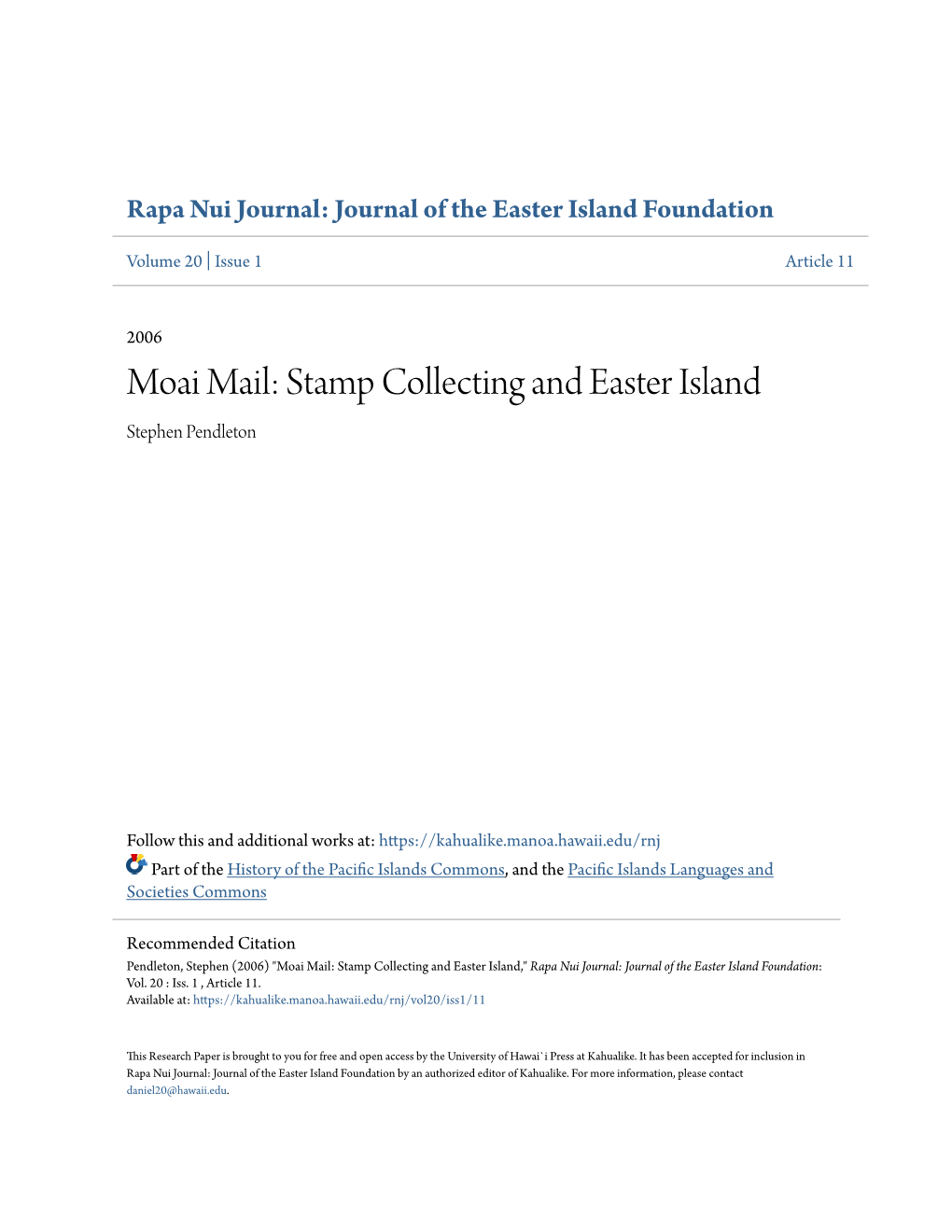 Stamp Collecting and Easter Island Stephen Pendleton