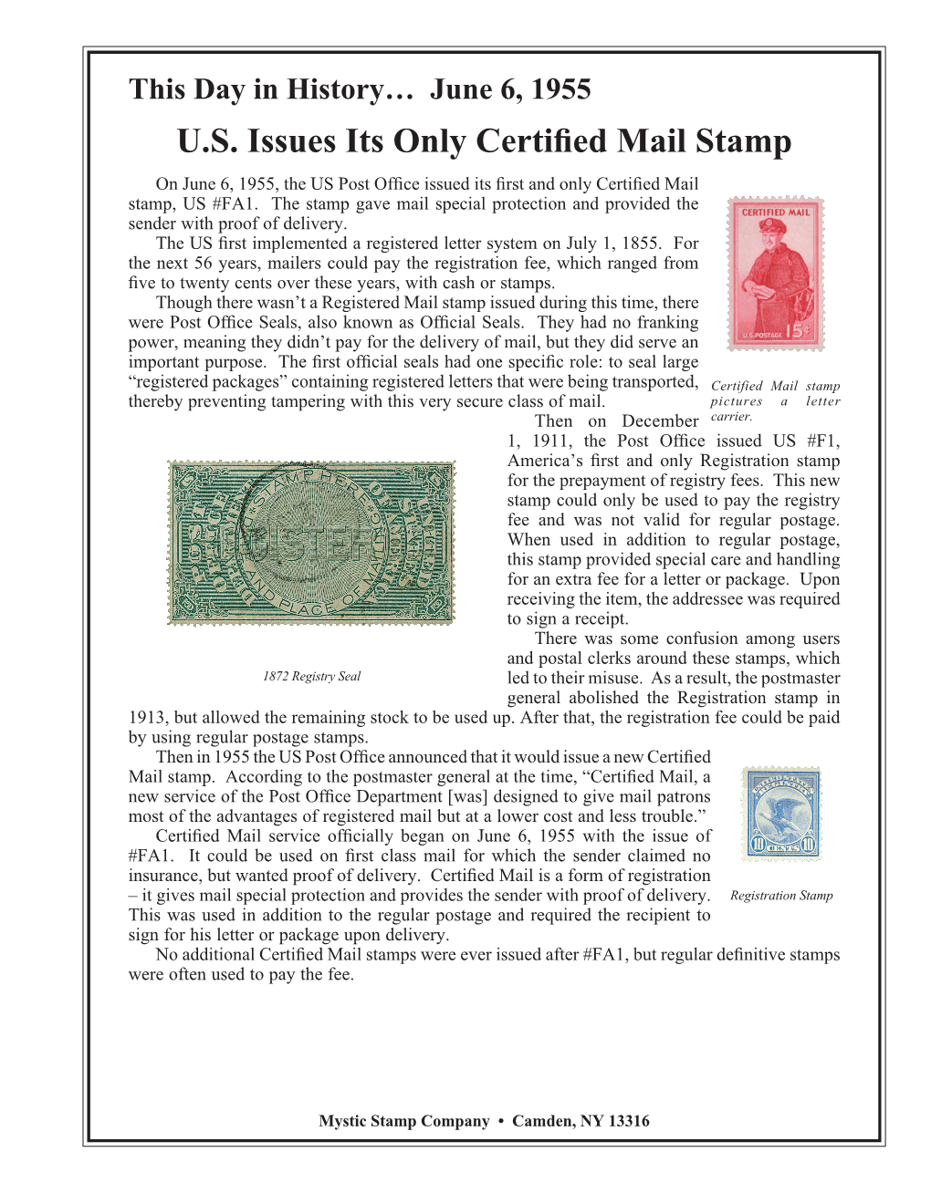 06-06-1955 U.S. Issues Its Only Certified Mail Stamp.Indd