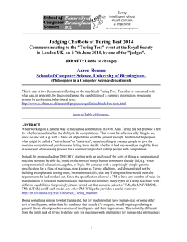 Turing Test 2014 Comments Relating to the "Turing Test" Event at the Royal Society in London UK, on 6-7Th June 2014, by One of the "Judges"