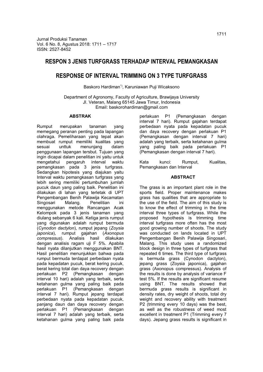 Respon 3 Jenis Turfgrass Terhadap Interval Pemangkasan