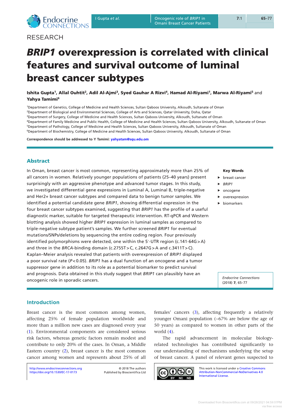 BRIP1 Overexpression Is Correlated with Clinical Features and Survival Outcome of Luminal Breast Cancer Subtypes
