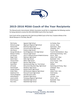 2015-2016 MIAA Coach of the Year Recipients