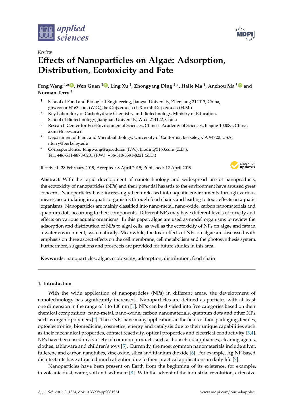 Effects of Nanoparticles on Algae: Adsorption, Distribution, Ecotoxicity