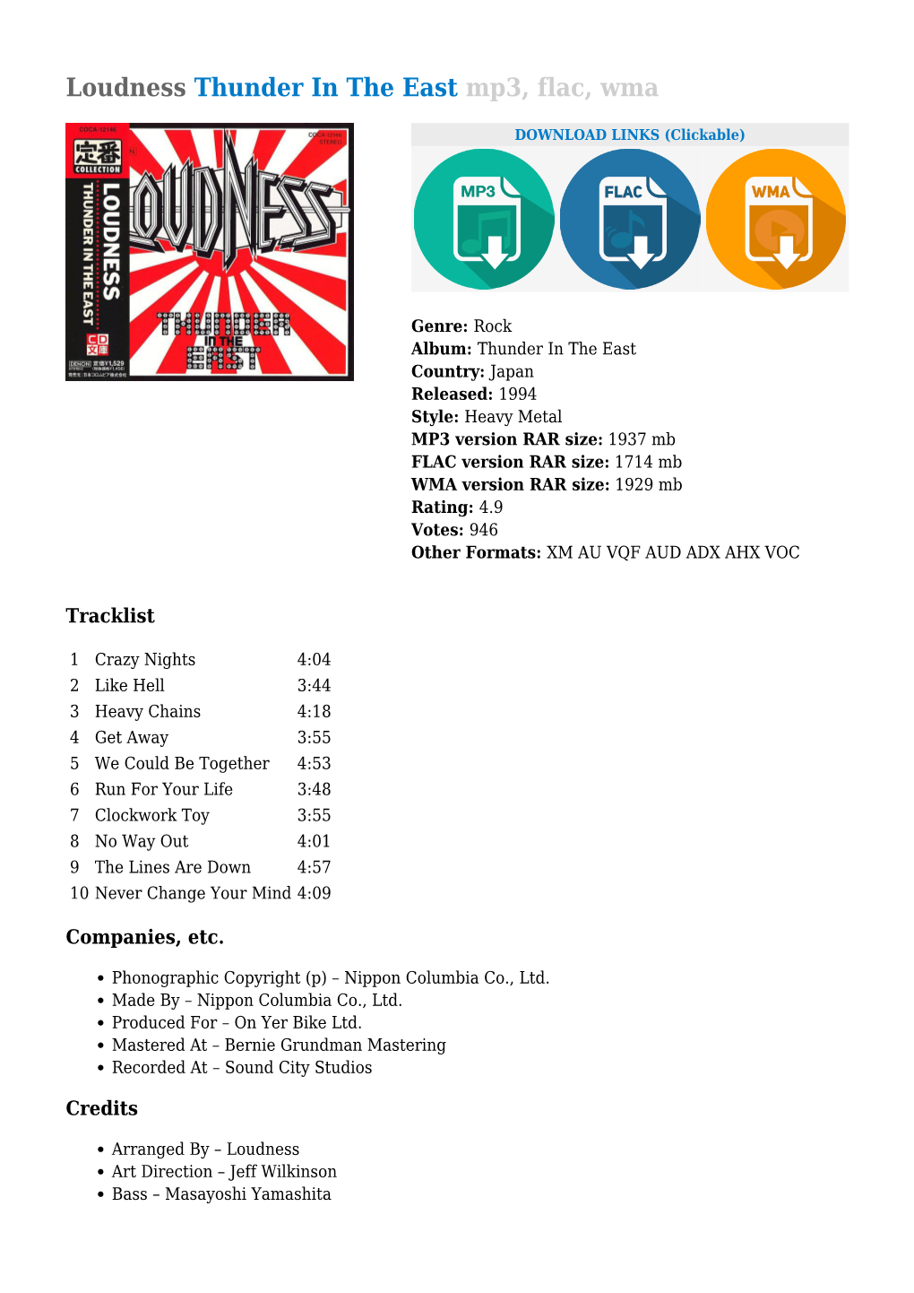 Loudness Thunder in the East Mp3, Flac, Wma