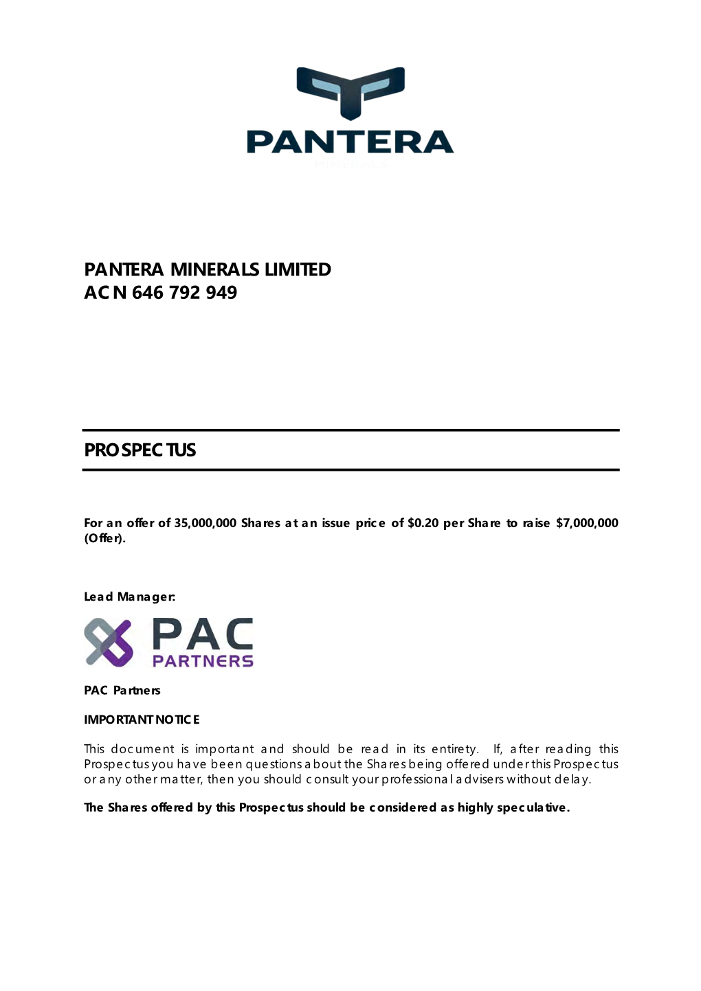 Pantera Minerals Limited Acn 646 792 949 Prospectus